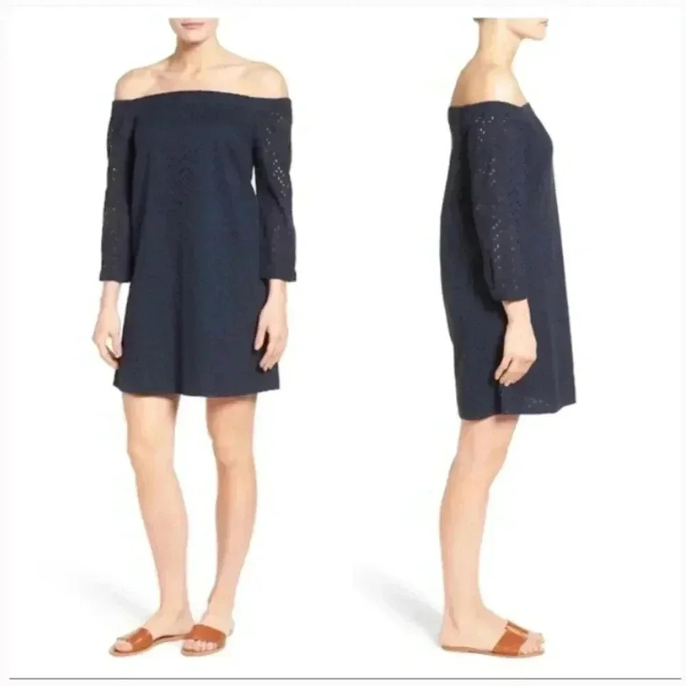 Halogen Eyelet Off the Shoulder Navy Dress, XS